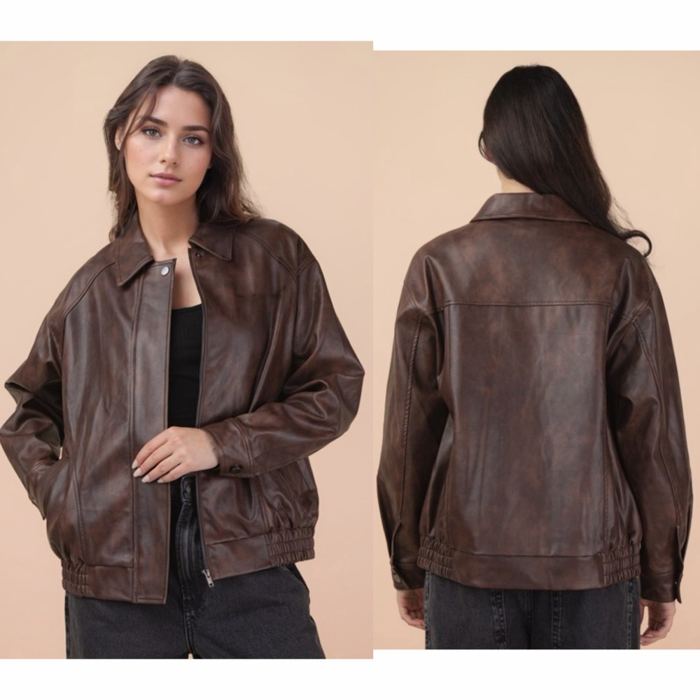 PRICE DROP! Oversized Brown Fully Lined Elastic Waist Zip Up Faux Leather Jacket